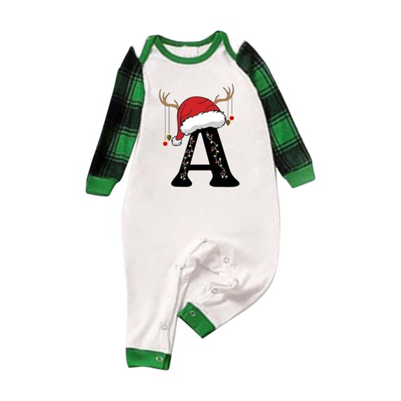 Family Christmas Pajamas Matching Sets Graphic Alphabet Letter Printed Crewneck Long Sleeve Shirts with Plaid Pants Outfits Green Baby 0-3 Months