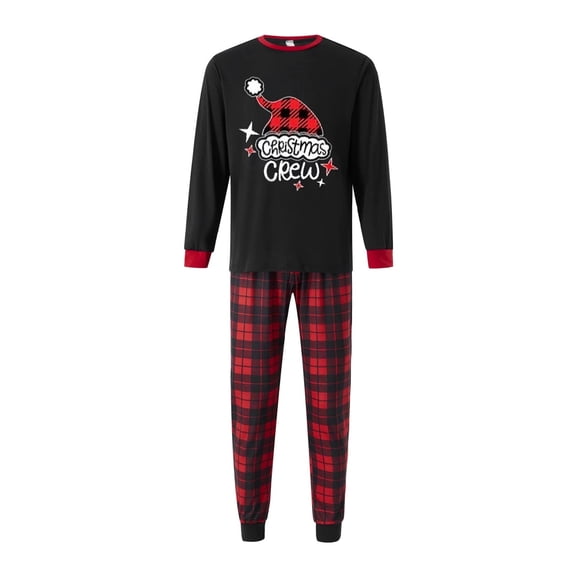 Family Christmas Pajamas Matching Sets Graphic Alphabet Letter Printed Crewneck Long Sleeve Shirts with Plaid Pants Outfits Red Men XL