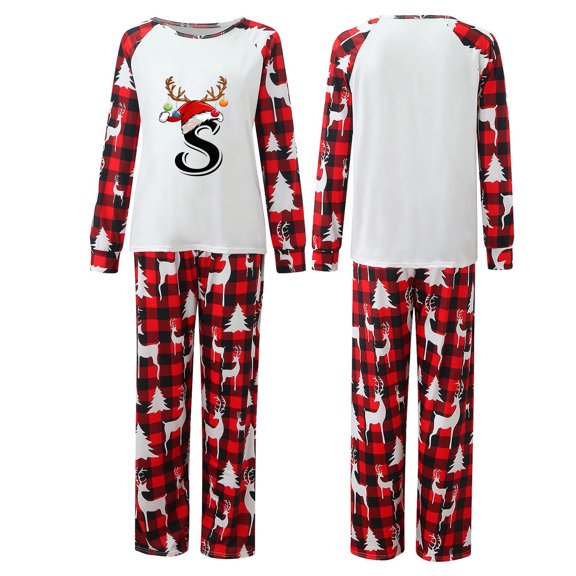 Family Christmas Pajamas Matching Sets Graphic Alphabet Letter Printed Long Sleeve Shirts Xmas Sleepwear Outfits Pullover Crew Neck Tops and Plaid Pants Hot Pink Women S