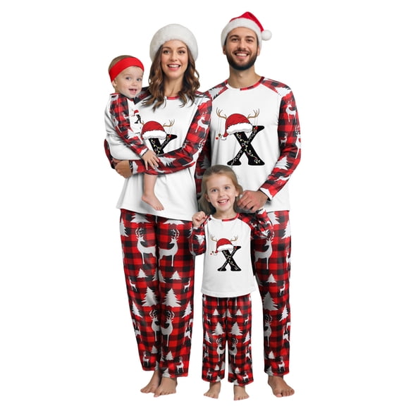 Family Christmas Pajamas Matching Sets Graphic Alphabet Letter Printed Long Sleeve Shirts Xmas Sleepwear Outfits Pullover Crew Neck Tops and Plaid Pants Yellow Women L