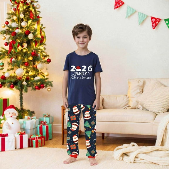 Family Christmas Pajamas Matching Sets Graphic Short Sleeve Crewneck Holiday 2 Piece Set Outfits Xmas Lounge Long Pants Sleepawear Festival Pjs