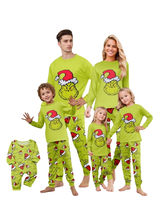 Family Christmas Pajamas Matching Sets Green Cartoon Face Graphic Printed Sleepwear for Couples, Men and Women