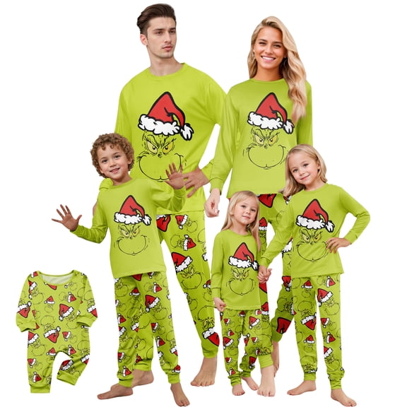Family Christmas Pajamas Matching Sets Green Cartoon Face Graphic Printed Sleepwear for Couples, Men and Women