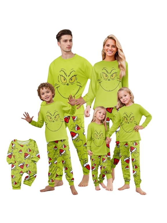 Family Christmas Pajamas Matching Sets Green Cartoon Face Graphic Printed Sleepwear for Couples, Men and Women