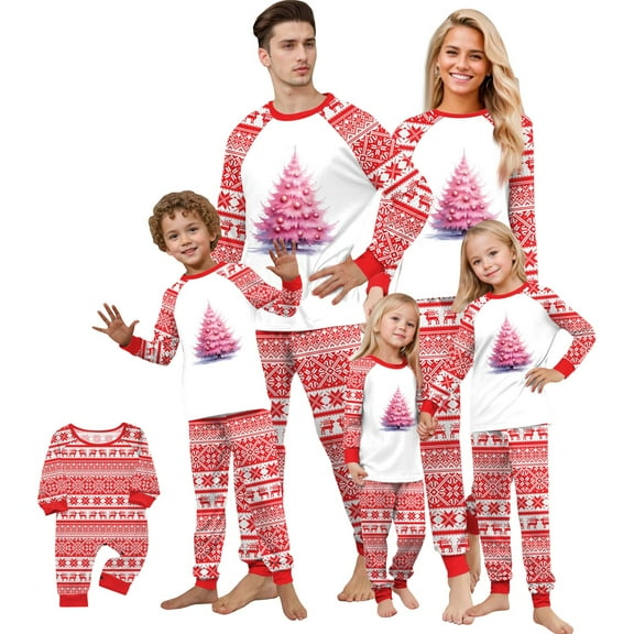 Family Christmas Pajamas Matching Sets Happy New Years 2 Piece Funny Outfit – Holiday Long Pj Pants & Comfy Long Sleeve Tops with Pink Christmas Tree Print