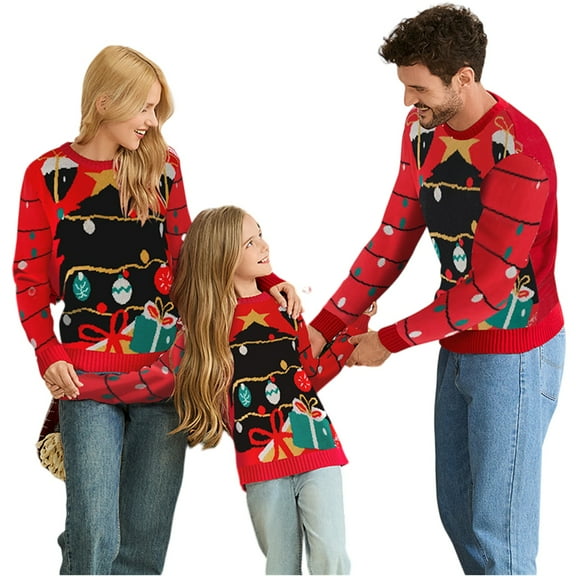 Family Christmas Pajamas Matching Sets – Holiday Sweater PJs with Colorful String Lights & Gift Box Print, Xmas Matching Outfits for Family, Couples, Adults, Cozy Christmas Eve Sleepwear