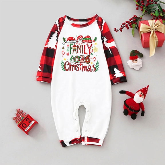 Family Christmas Pajamas Matching Sets Letter Graphic Long Sleeve Crewneck Shirts and Plaid Long Pants Cute 2 Piece Pj Loungewear Party Trendy Sleepwear