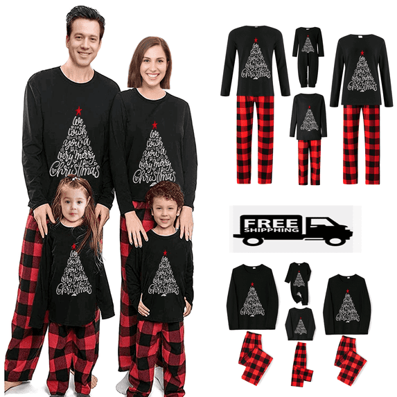 Family Christmas Pajamas Matching Sets Letter Print Long Sleeve Tops and Casual Loose Plaid Pants Sleepwear