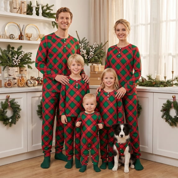 Family Christmas Pajamas Matching Sets Long Sleeve Crew Neck Plaid Print Tops Elastic Waist Pants