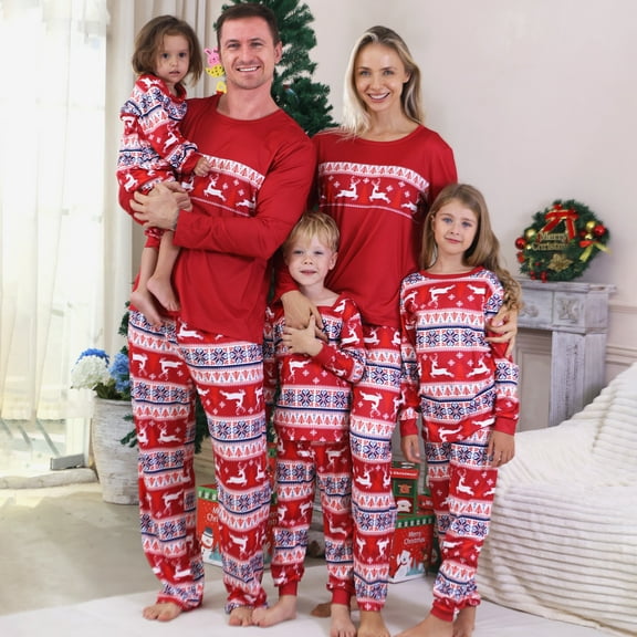 Family Christmas Pajamas Matching Sets – Long Sleeve Tops and Pants 2 Piece Set with Reindeer Print, Crew Neck Soft and Cozy Holiday Sleepwear for Couples and Families