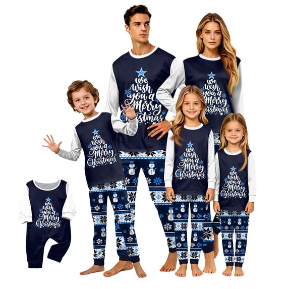 Family Christmas Pajamas Matching Sets, Merry Christmas Tree Text Print Navy Tops with Fair Isle Snowman Pants, Long-Sleeve Loungewear Sleepwear for Couples, Women, Men, Kids and Baby