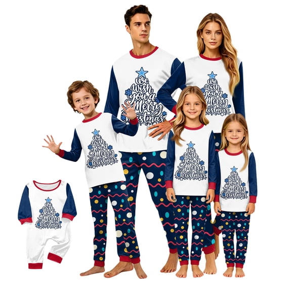 Family Christmas Pajamas Matching Sets, Merry Christmas Tree Text Print Raglan Tops with Polka Dot Wavy Pants, Long-Sleeve Loungewear Sleepwear for Couples, Women, Men, Kids and Baby