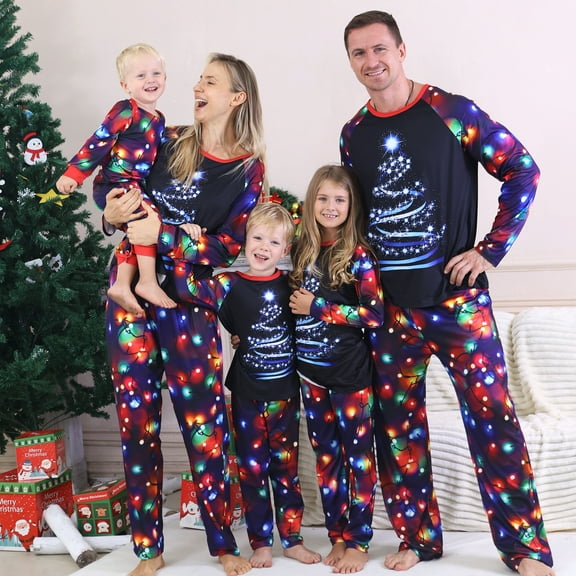 Family Christmas Pajamas Matching Sets, Navy Lights Christmas Tree Print Family Matching Christmas Pajamas Sets for Women, Men & Couples