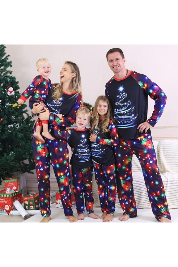 Family Christmas Pajamas Matching Sets, Navy Lights Christmas Tree Print Family Matching Christmas Pajamas Sets for Women, Men & Couples