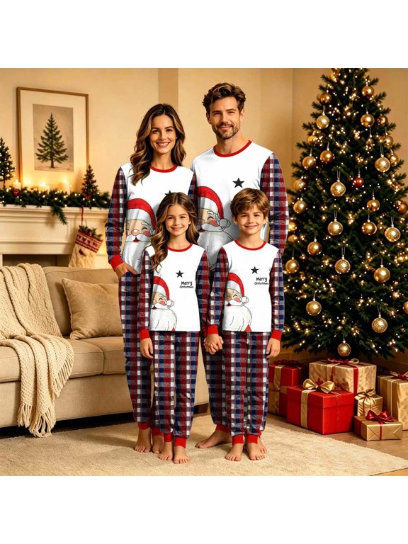 Family Christmas Pajamas Matching Sets,Plaid Crew Neck Long Sleeve Sleepshirt and Long Pants