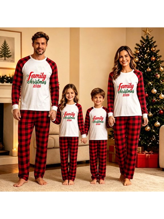 Family Christmas Pajamas Matching Sets,Plaid Crewn Neck Long Sleeve Sleepshirts and Long Pants