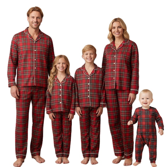 Family Christmas Pajamas Matching Sets Plaid Tops and Elastic Waist Pants Loungewear