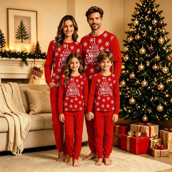 Family Christmas Pajamas Matching Sets,Printed Crew Neck Long Sleeve Sleepshirt and Long Pants