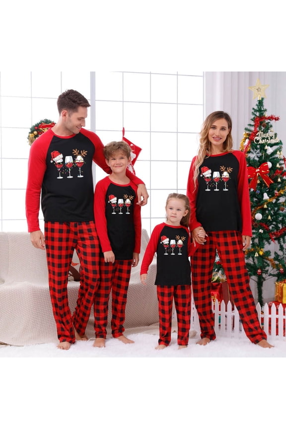 Family Christmas Pajamas Matching Sets – Red & Black Plaid Long Sleeve Shirt and Pants Outfit with Wine Glass Santa Hat Print, Holiday Xmas PJs for Couples, Adults, Teens, Christmas Eve Sleepwear