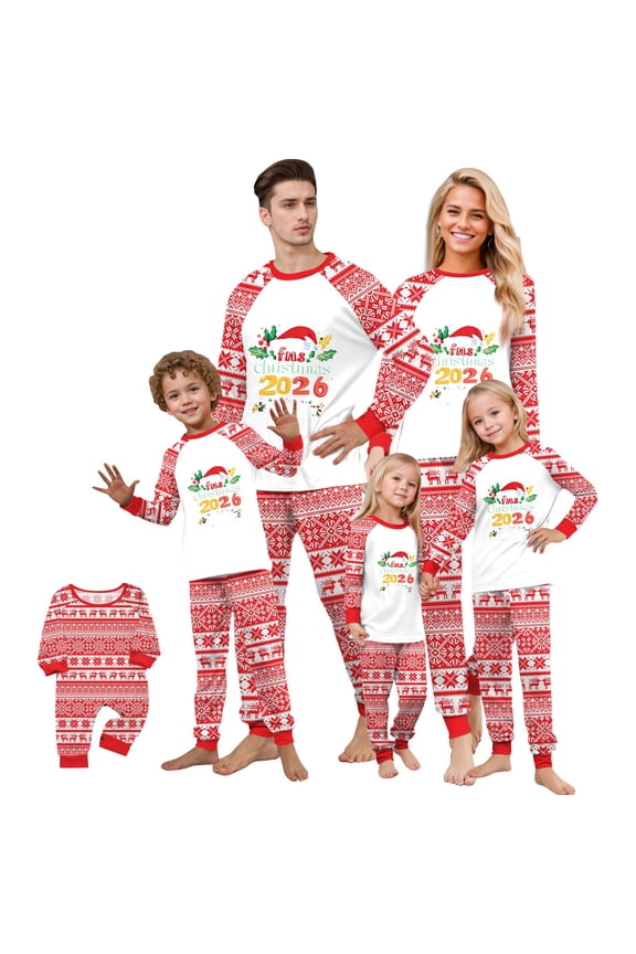 Family Christmas Pajamas Matching Sets – Red & White Snowflake Long Sleeve Tops and Pants with “Merry Christmas 2026” Letter Print, Holiday Xmas PJs Sleepwear for Couples, Men, Women, Adults