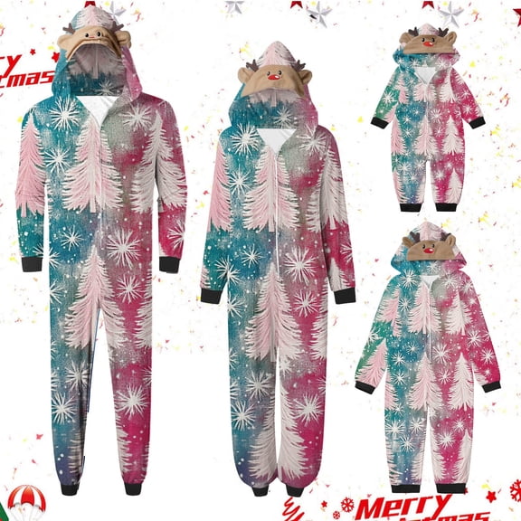 Family Christmas Pajamas Onesies Zipper Deer Ear Hooded Jumpsuit Printed Long Sleeve Sleepwear Pjs Matching Hoodies, Kid, 8 Years