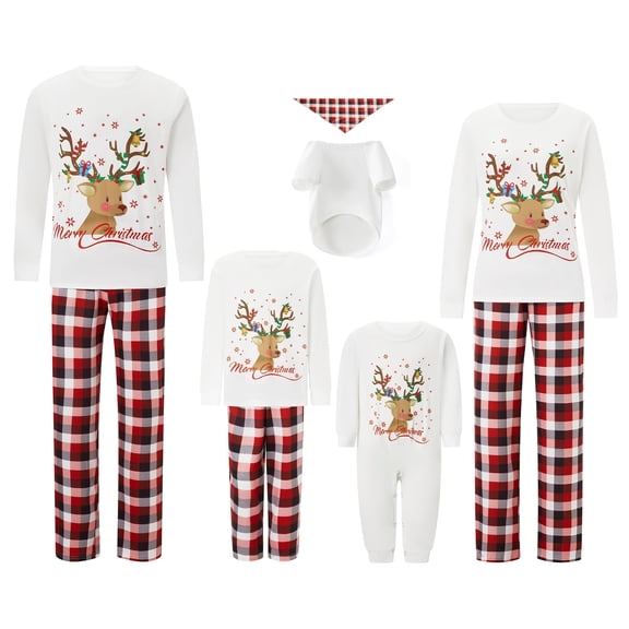 Family Christmas Pajamas Pjs Matching Set for Family Baby Christmas Matching Jammies for Adults and Kids Pet Holiday Xmas Sleepwear Deer Elf Shirt Top Plaid Pants Pajamas Set