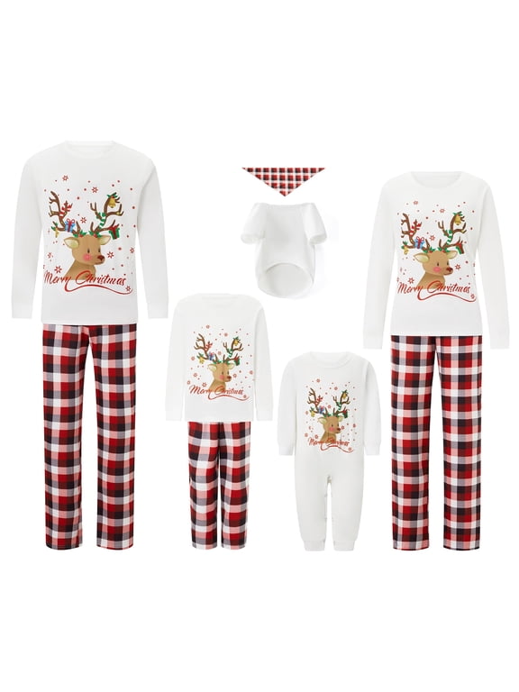 Family Christmas Pajamas Pjs Matching Set for Family Baby Christmas Matching Jammies for Adults and Kids Pet Holiday Xmas Sleepwear Deer Elf Shirt Top Plaid Pants Pajamas Set
