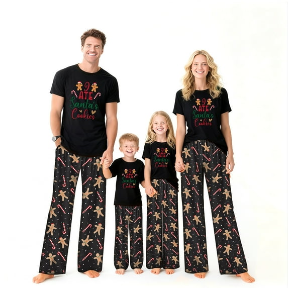 Family Christmas Pajamas Set Short Sleeve - Matching Holiday Santa Gingerbread Printed PJs , Man L