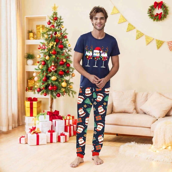 Family Christmas Pjs Matching Sets Short Sleeve Xmas Vacation Pajamas Graphic Holiday Crewneck Tops and Long Pants Comfortable Sleepwear 2 Piece Loungewear