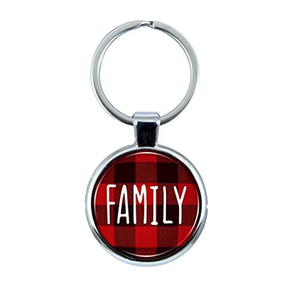 Family Christmas Red Plaid Keychain with Epoxy Dome and Metal Keyring