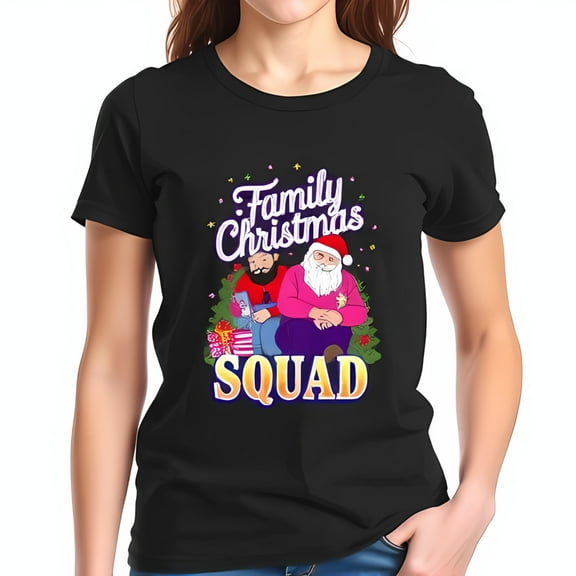 Family Christmas Squad Cotton Short Sleeve T-Shirt - Festive Design with Bearded Man & Santa Claus Perfect for Holiday Gatherings