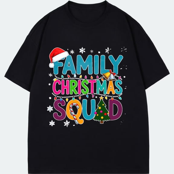 Family Christmas Squad T Shirt Black Santa Hat And Snowflakes With Colorful Text And Christmas Tree Candy Cane And Lights Design For Holiday Family Gatherings