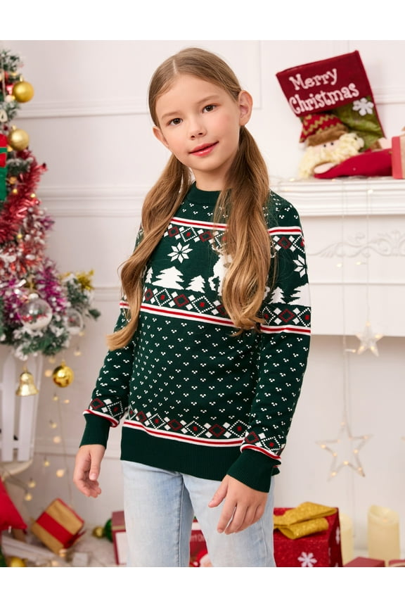 Family Christmas Sweater Crew Neck Reindeer Snowflakes Knitted Pullover for Kids, Green, Size 120