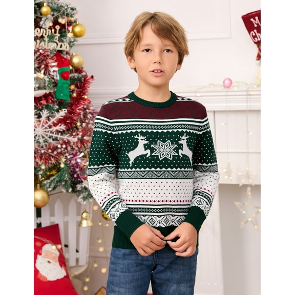 Family Christmas Sweater, Crew Neck Reindeer Snowflakes Knitted Pullover for Kids, Green, Size 160