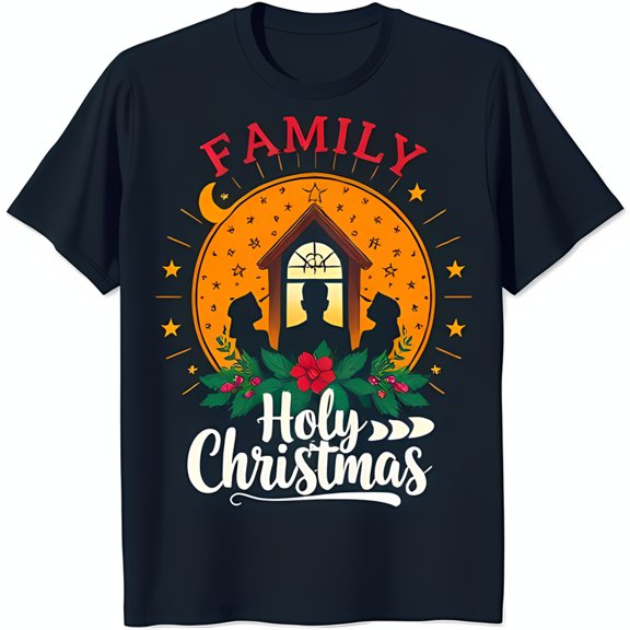 Family Christmas T-Shirt Blue with Barn Design Wreath & Christmas Print