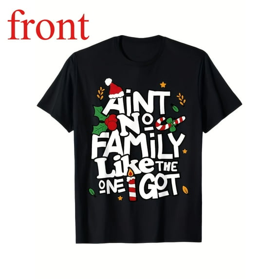 Family Christmas Tee Vintage Candy Cane Graphic Short Sleeve Round Neck Cotton Holiday Top Black S-5XL