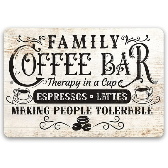 Family Coffee Bar - Therapy in a Cup - Great Coffee Station Decor or Cafe Accessories, Farmhouse Kitchen Dining Art, Unique Coffee Lovers Gift, Indoor or Outdoor Durable Metal Sign (8" x 12")