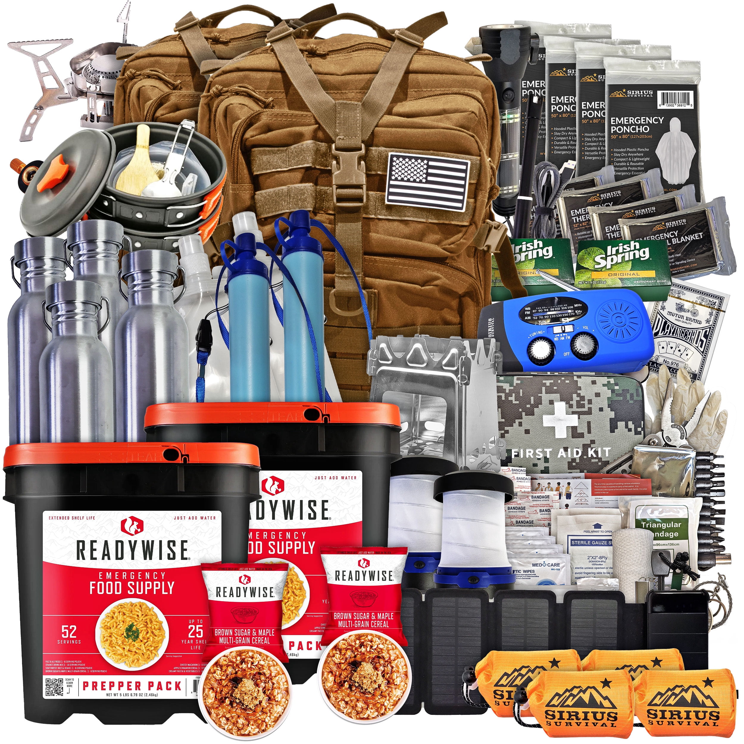 Family Comfort 72 Emergency Survival Kit/Backpack – 72 Hour for 4 People – Disaster Preparedness – Delicious ReadyWise Food, Gear, Lighting, First Aid, Tools & More - Tan