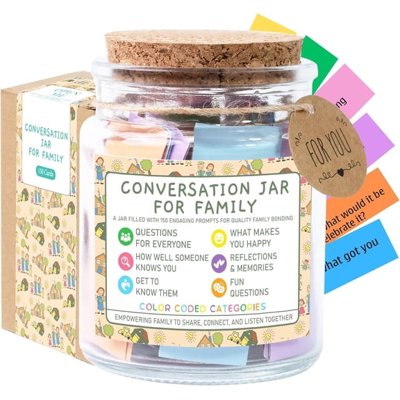 Family Conversation Cards in Jar, 150 Fun & Deep Conversation Starter Cards for , Teens, Adults -Disconnect from Screens & Bond with Loved Ones- Question ,Road Trip, Dinner Table Topics