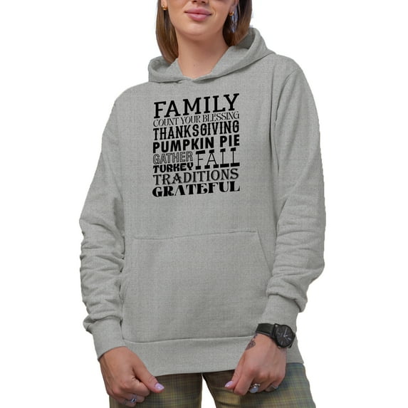 Family, Count Your Blessing, Pumpkin Pie, Gather, Turkey, Thanksgiving Day Themed Merch Gift, Heather Grey Hooded Sweatshirt or Hoodie, Medium