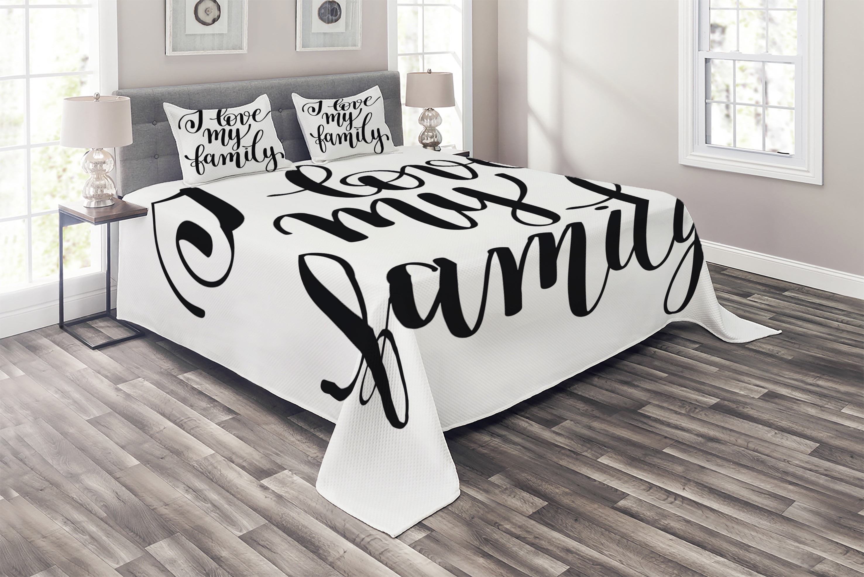 Family Coverlet, I Love My Family Phrase Hand Writing in Black