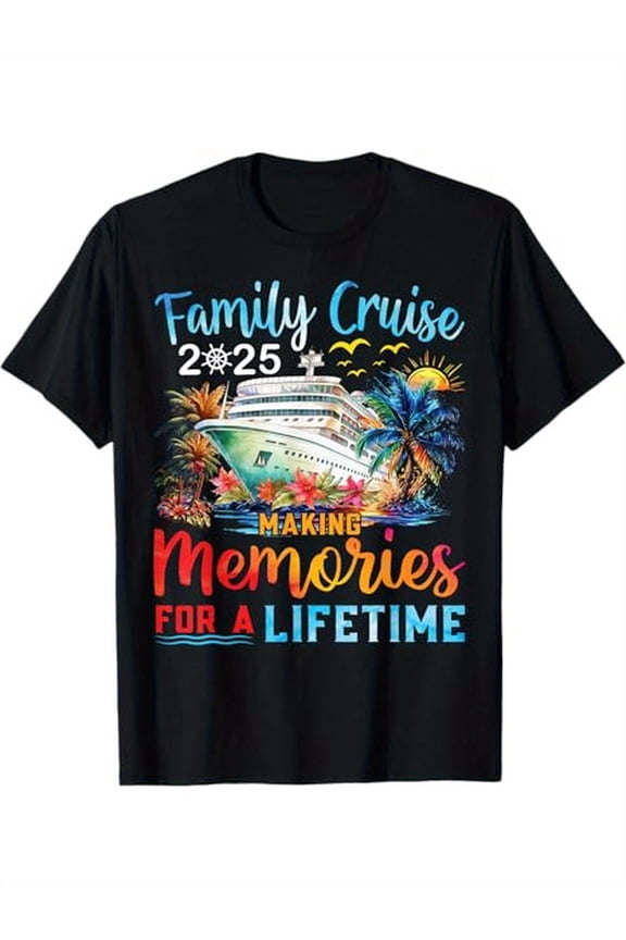 Family Cruise 2025 Family Matching Cruise Vacation Party T-Shirt, 100% Cotton, Gifts for Men Dad Husband Grandpa, S-XXXL, Black