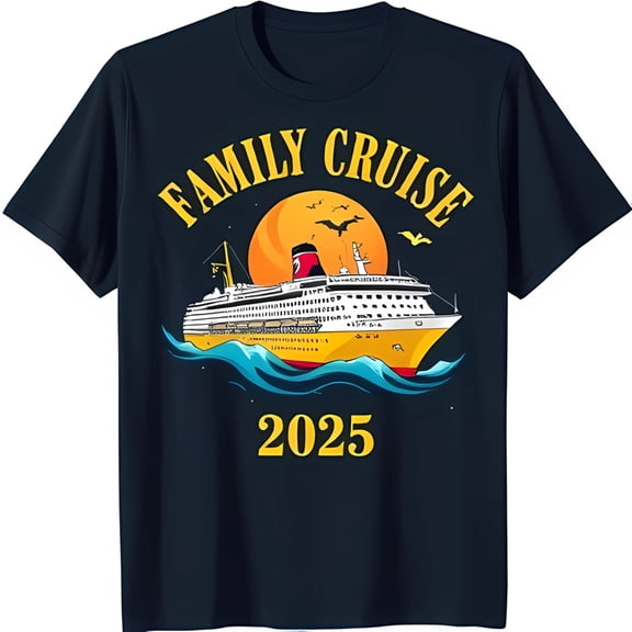 Family Cruise T-Shirt Yellow & Red Ship Blue Water Sun & Bats 2025
