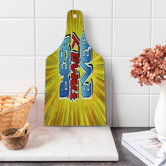 Family Cutting Board, Comic Book Style Best Family Ever Words on Abstract Cartoon Backdrop Graphic, Tempered Glass Cutting and Serving Board, Wine Bottle Shape, Blue Red Yellow, by Ambesonne