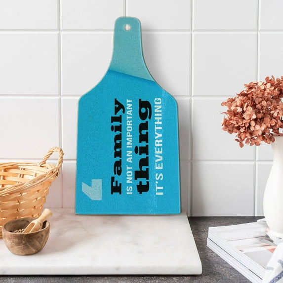 Family Cutting Board, Family is Everything in Writing Marks Inspirational Phrase Modern Design, Tempered Glass Cutting and Serving Board, Wine Bottle Shape, Turquoise Blue Black, by Ambesonne