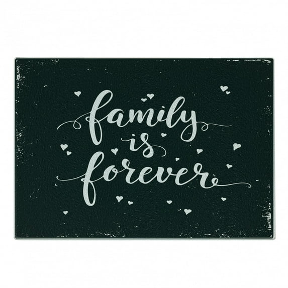 Family Cutting Board, Family is Forever Hand Drawn Typography with Little Hearts Poster Style, Decorative Tempered Glass Cutting and Serving Board, Small Size, Black and White, by Ambesonne