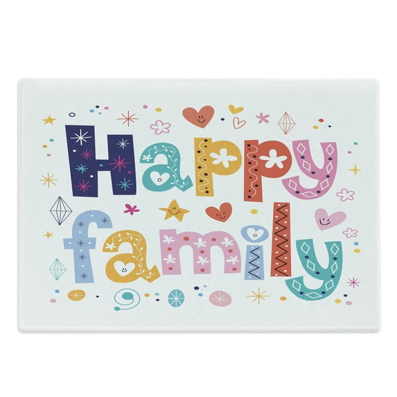 Family Cutting Board, Happy Family Letters with Flowers Hearts Stars Dots Circles Cartoon Like Art, Decorative Tempered Glass Cutting and Serving Board, Large Size, Multicolor, by Ambesonne