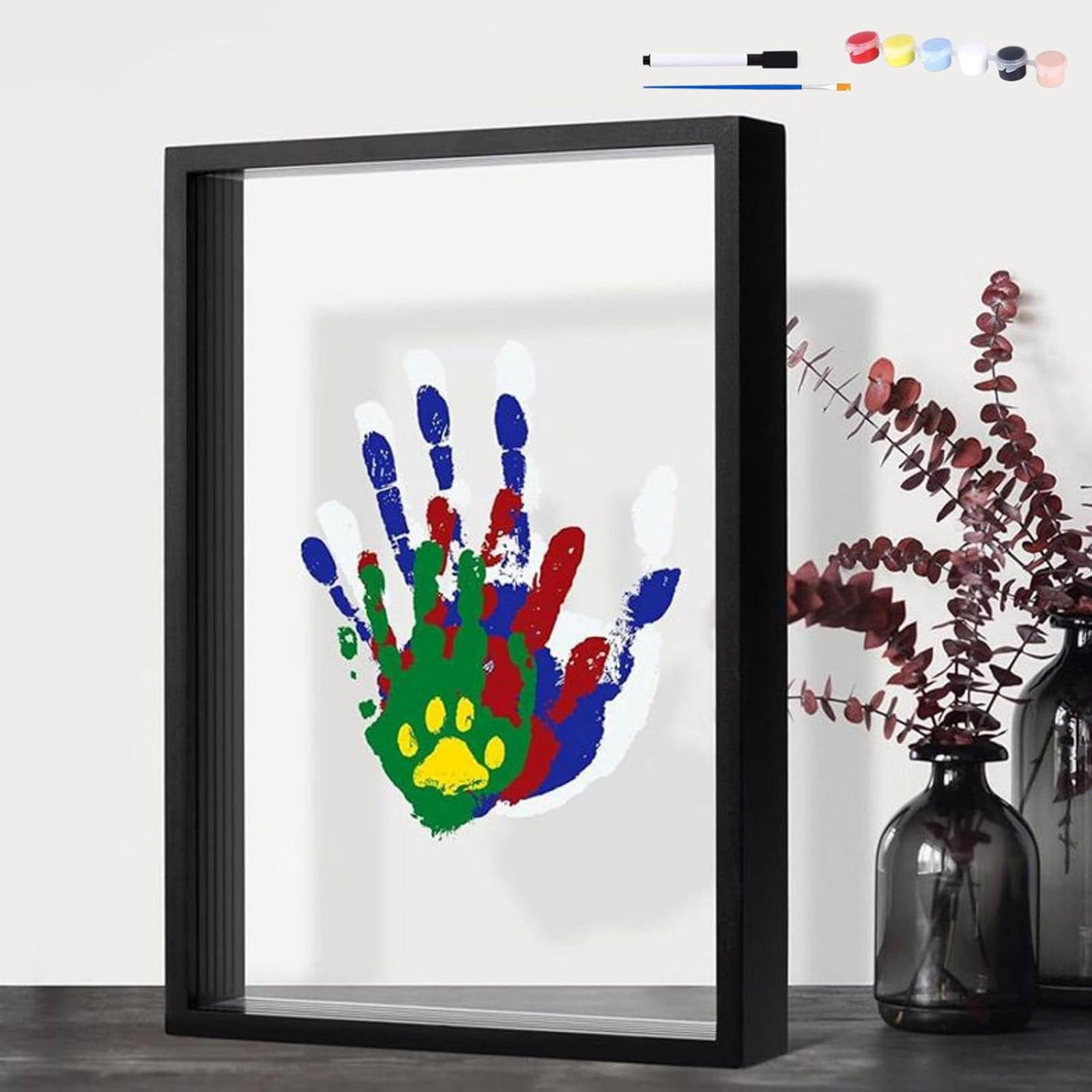 Family DIY Handprint Art Frame Kit, Wooden Keepsake Display with Paint Set, Personalized Handprint Memory Frame for Couples, Kids, and Pet Paw Prints