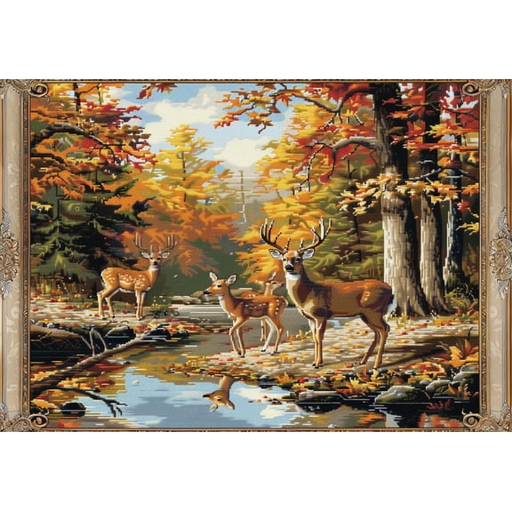 Family of Deer in Autumn Forest DIY 11CT Stamped Cross Stitch Kits for Beginners Easy Needlepoint Embroidery Counted Cross Stitch Art Craft for Wall Decoration 12x16inch(3)