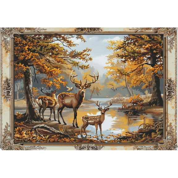 Family of Deer in Autumn Forest DIY 11CT Stamped Cross Stitch Kits for Beginners Easy Needlepoint Embroidery Counted Cross Stitch Art Craft for Wall Decoration 12x16inch(1)